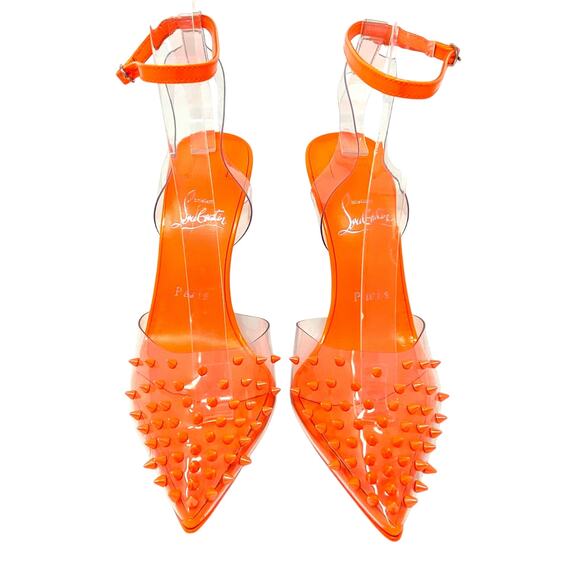 🔥 NWT Christian Louboutin Spikoo 100 Neon Fluo Orange PVC Spiked Heels 38.5 - Picture 3 of 13